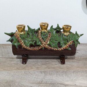 Vintage Atlantic Mold 1970's ceramic log with holly 3 candle candleholder